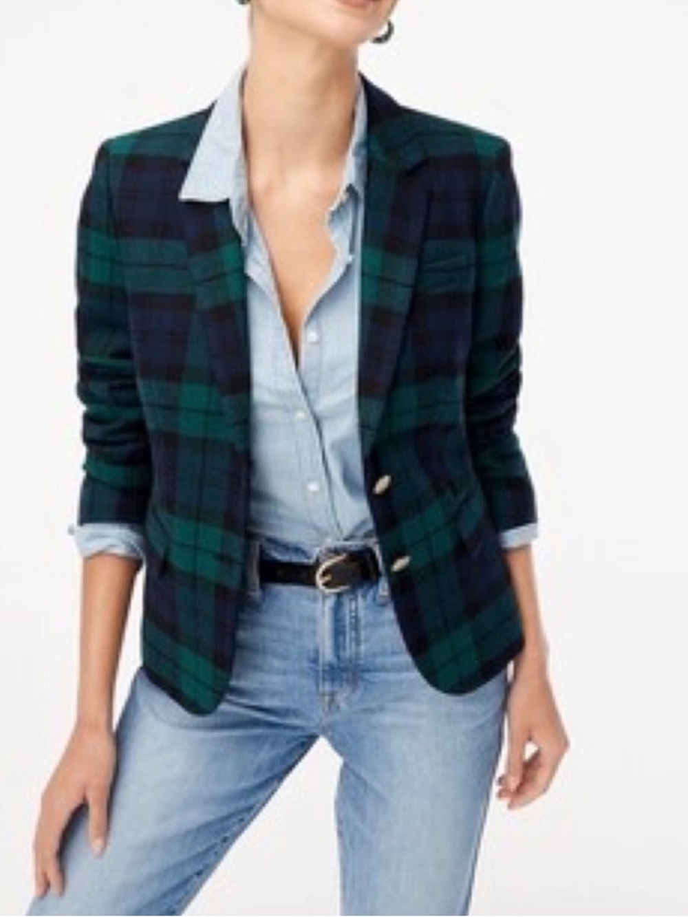 J. Crew Factory Black Watch Plaid Blazer Green Blue Gold Two Buttons Size 10